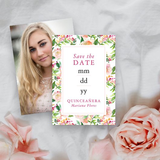 Floral Chic Pink Gold Editable Quinceanera Foto Save The Date