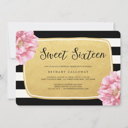 Floral Chic Sweet 16 Anniversaire Invitation / Fau (Devant)