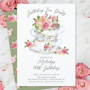 Floral China Tea Cup Birthday Tea Party Invitation Kaart