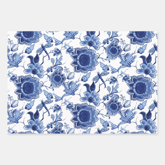 Floral Chinoiserie Blauw en Wit Aziatische Decoupa Inpakpapier Vel (Voorkant)