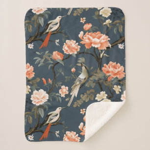 Floral Chinoiserie op Denim Blue Sherpa Deken