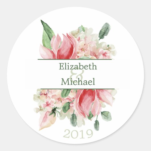 Floral chique bruiloft of Verloving Elegant Modern Ronde Sticker (Voorkant)