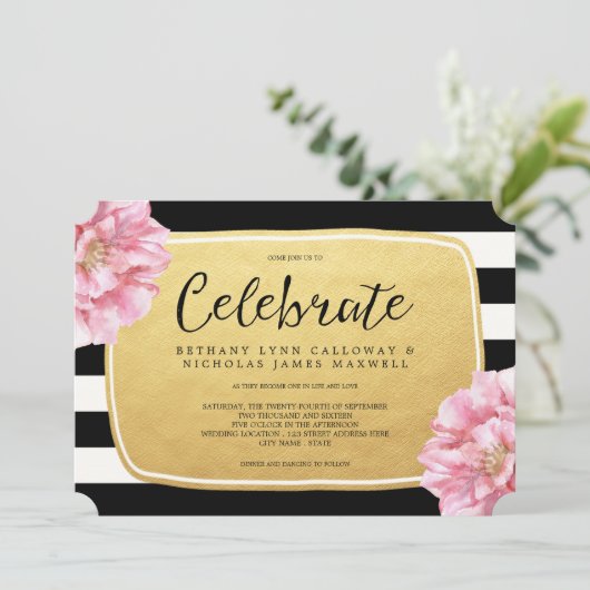 Floral chique bruiloft uitnodiging / goud (Staand voorkant)