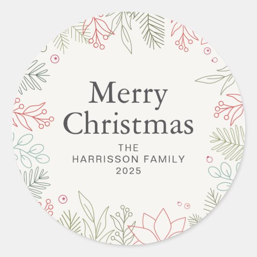 Floral Christmas Wreath familienaam Ronde Sticker (Voorkant)