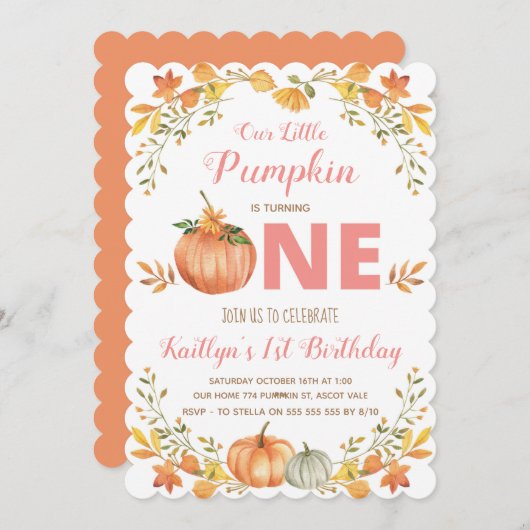 Floral Citrouille 1er anniversaire fête Invitation (Devant / Derrière)