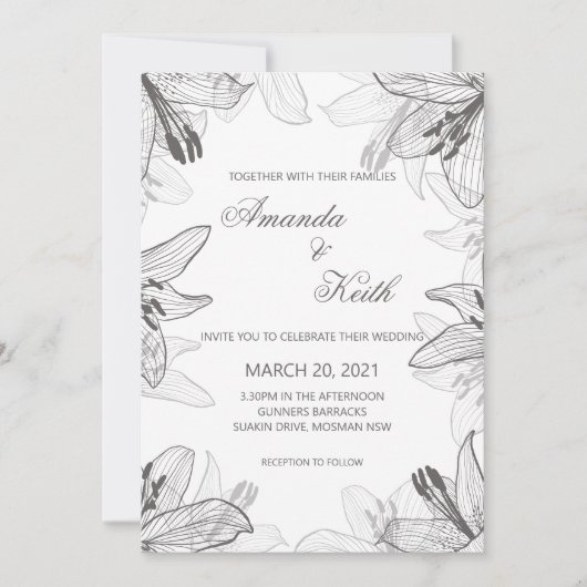 Floral Classic Black & White Wedding Invitation Kaart (Voorkant)