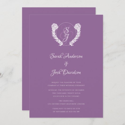 Floral Classy Monogram Lavendel Bruiloft Kaart (Voorkant / Achterkant)