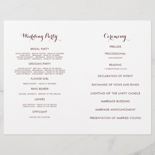 floral couleur vin - programme de mariage (Dos)