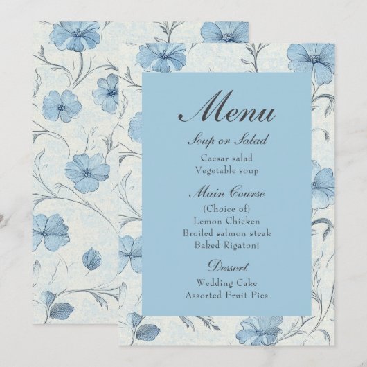 Floral Country Garden Dusty Blue Wedding Menu (Voorkant / Achterkant)