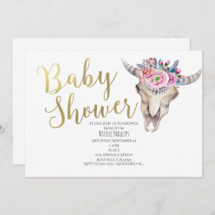 Floral Cow Skull Gold Boho Baby shower Uitnodiging