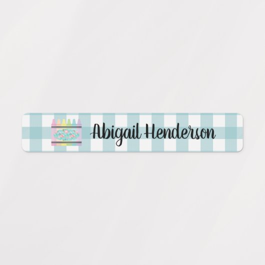 Floral Crayon Aqua Blue Plaid Nom Étiquettes (Design 2)