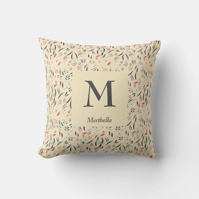  | FLORAL Cream | Gepersonaliseerd | MONOGRAM Kussen (Voorkant)