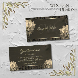 Floral Cream Gold Dark Brown Wood Grain Monogram Visitekaartje