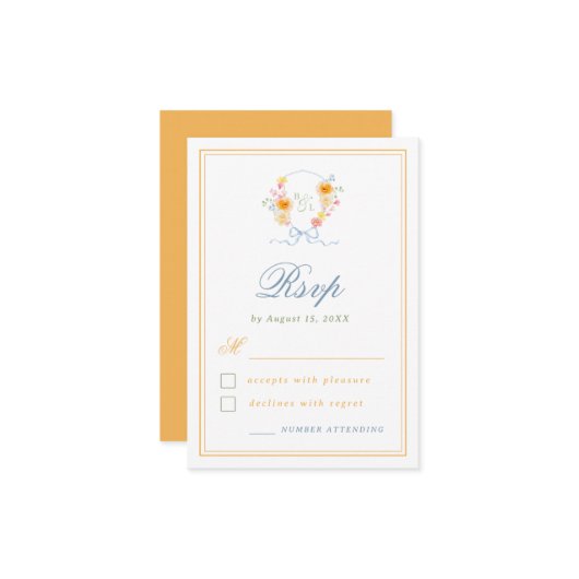 Floral Crest Bow Monogram Spring Wedding RSVP Kaartje (Voorkant / Achterkant in situ)