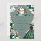 Floral Crest Emerald Green Charro Quinceanera Invi Kaart (Voorkant)