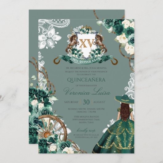 Floral Crest Emerald Green Charro Quinceanera Invi Kaart (Voorkant / Achterkant)