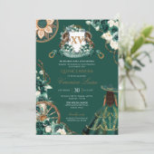 Floral Crest Emerald Green Charro Quinceañera Kaart (Staand voorkant)