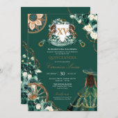 Floral Crest Emerald Green Charro Quinceañera Kaart (Voorkant / Achterkant)