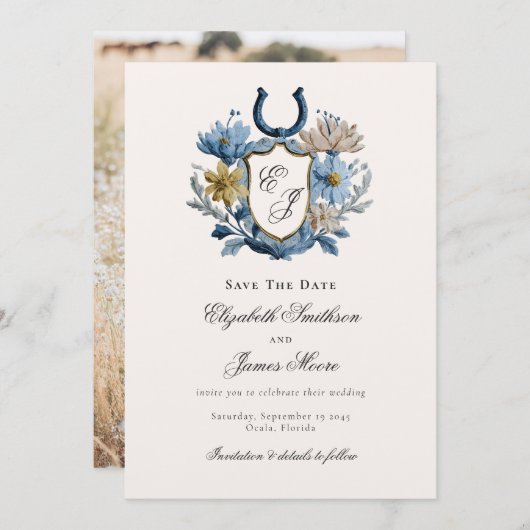 Floral Crest Equestrian Horseshoe Monogram Photo Save The Date (Voorkant / Achterkant)