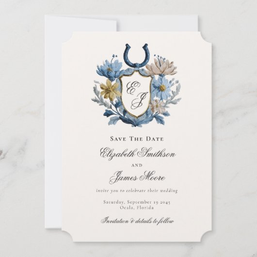 Floral Crest Equestrian Horseshoe Monogram Save The Date (Voorkant)