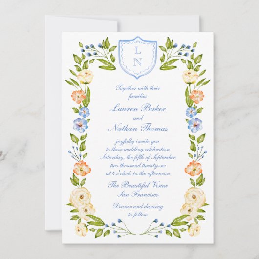Floral Crest Frame Wedding Invitation (Devant)