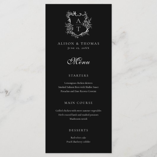 Floral Crest Monogram Bruiloft Flat Menu (Voorkant)
