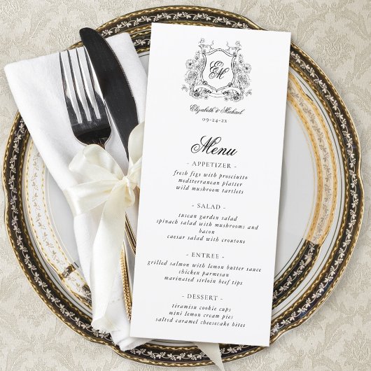 Floral Crest Monogram Elegant Trouwen Menu