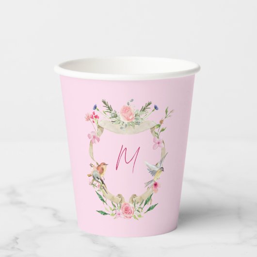 Floral Crest Monogram Roze Baby shower Papieren Bekers (Voorkant)