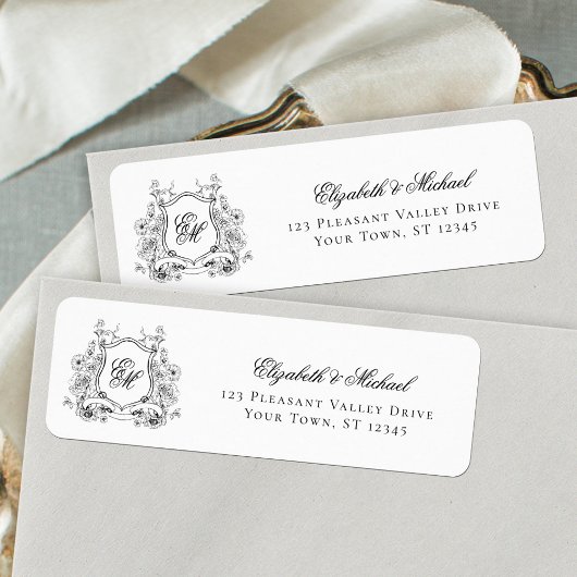Floral Crest Monogram Wedding Retour Adres Etiket