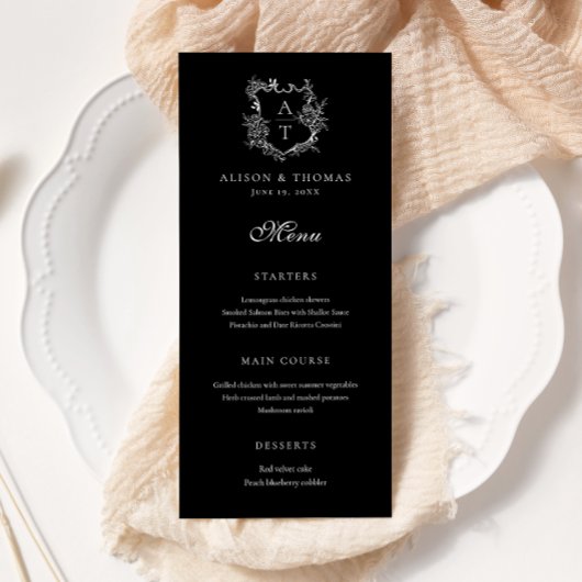 Floral Crest Monogramme Mariage plat menu