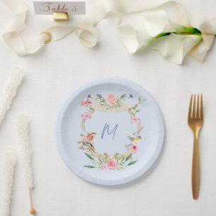 Floral Crest Monogrammed Blauw Papieren Bordje
