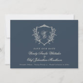  Floral Crest Navy & Cream Monogram Foto Save The Date (Voorkant)