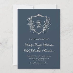  Floral Crest Navy & Cream Monogram Foto Save The Date