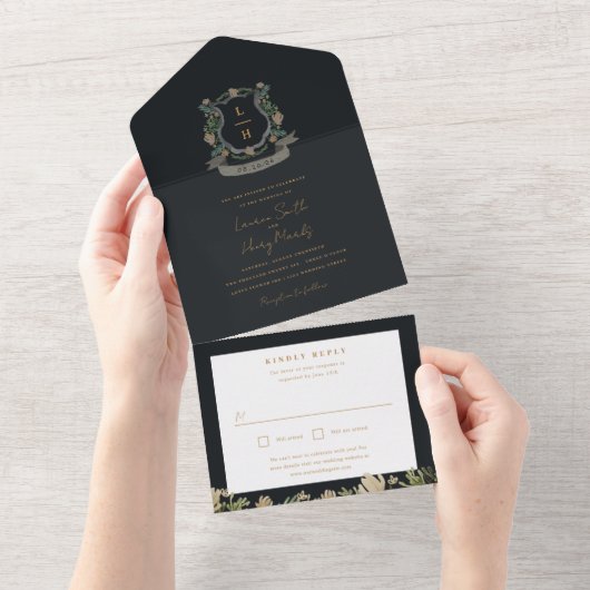 Floral Crest Waterverf Monogram Bruiloft All In One Uitnodiging (Afscheurbaar)