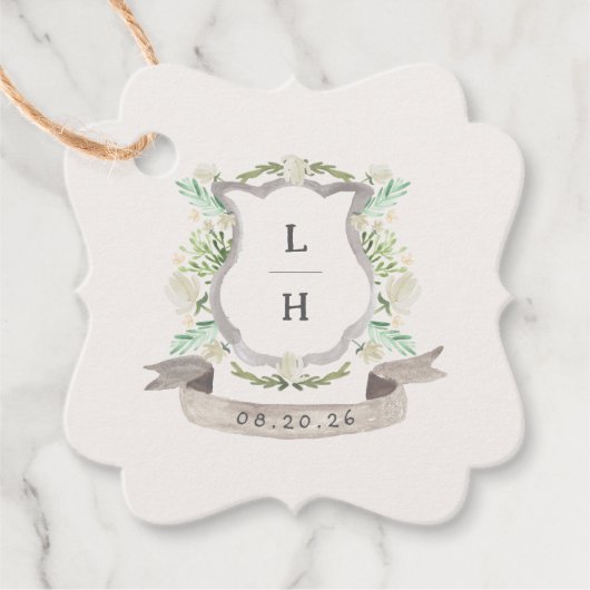 Floral Crest Waterverf Monogram Bruiloft Bedankjes Labels (Voorkant)