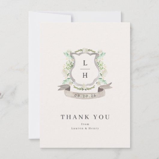 Floral Crest Waterverf Monogram Bruiloft Flat Bedankkaart (Voorkant)