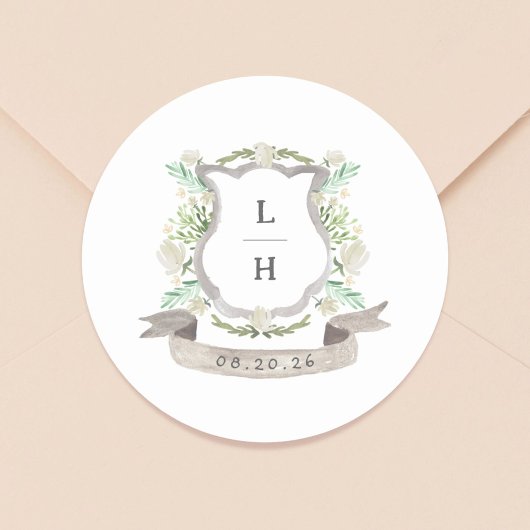 Floral Crest Waterverf Monogram Bruiloft Ronde Sticker