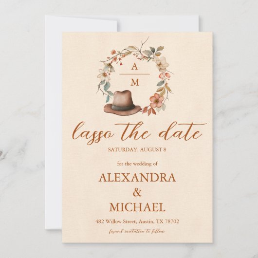 Floral Crest Western Monogram Bruiloft Save The Date (Voorkant)