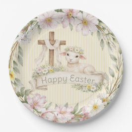 Floral Cross and Lamb | Happy Easter Papieren Bordje