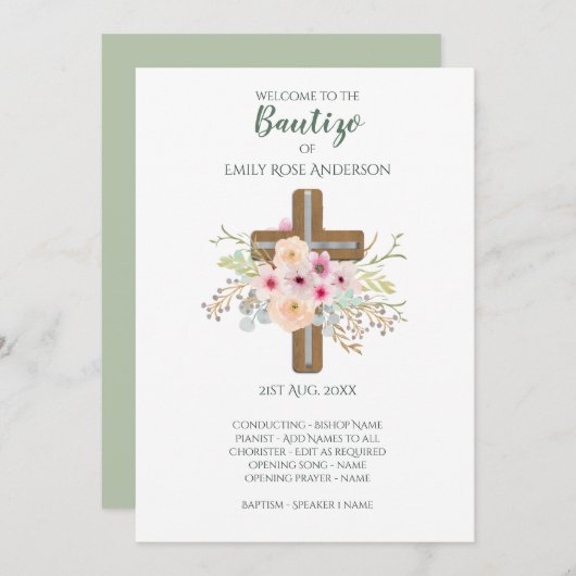 Floral Cross BAUTIZO Bautismo Baptism Programme (Devant / Derrière)