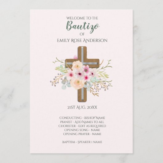 Floral Cross BAUTIZO Bautismo Baptism Programme (Devant)