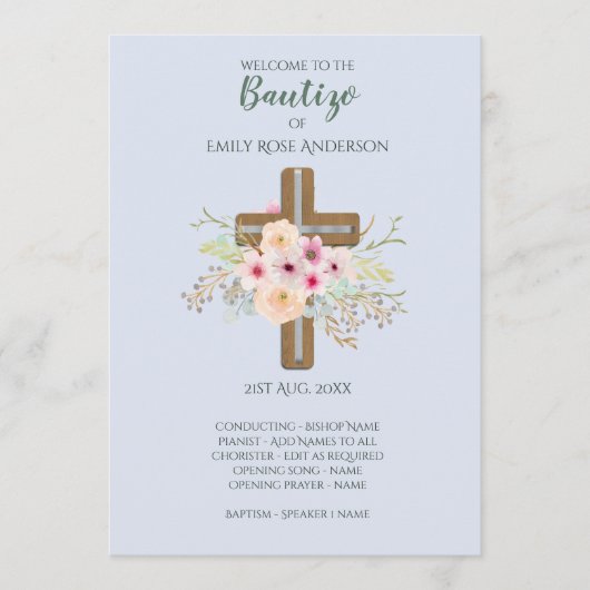 Floral Cross BAUTIZO Bautismo Baptism Programme (Devant)