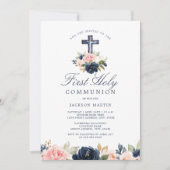 Floral Cross Boys First Communion Invitation (Devant)