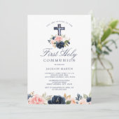 Floral Cross Boys First Communion Invitation (Debout devant)