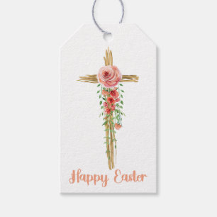 Floral Cross, Happy Pasen, Religieuze Cadeaulabel