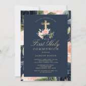 Floral Cross Navy Boys First Communion Invitation (Devant)