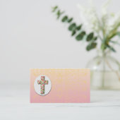Floral Cross Peach Damask Modèle Carte de visite (Debout devant)