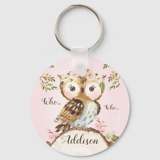 Floral Crown Owl Personalized Key Ring Sleutelhanger (Voorkant)
