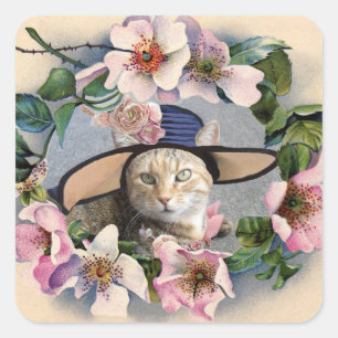 FLORAL CROWN, WILDE ROZEN TATUS CAT FOTO TEMPLATE VIERKANTE STICKER
