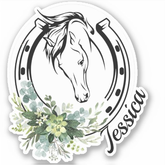 Floral Custom Name Horse Equestrian Hoefijzer Sticker (Voorkant)